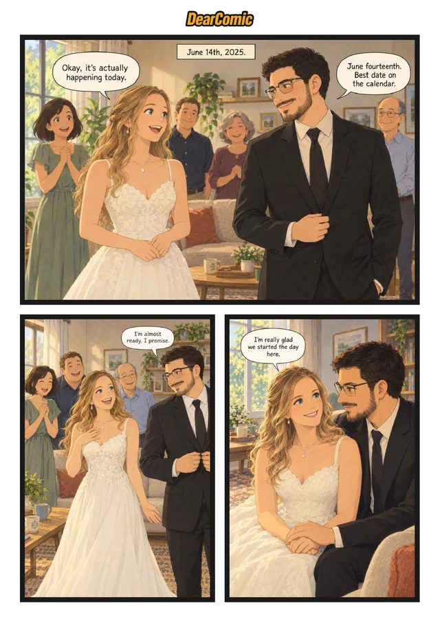 Bride and groom talk at their wedding in illustrated comic panels
