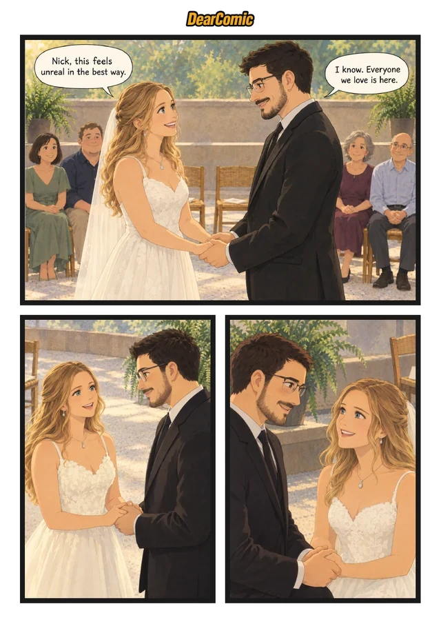 The couple speak and embrace during their wedding celebration